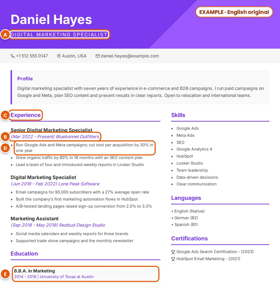 Example: fictional English CV of Daniel Hayes, with the job title, dates, a heading, a results line and the degree marked A to E