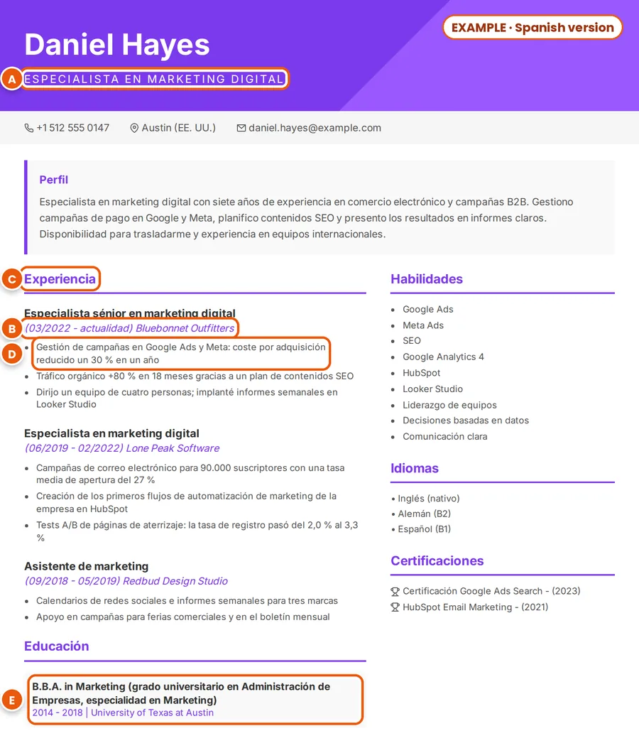 Example: the same CV in Spanish from Spain, with the translated job title, dates, heading, results line and degree marked A to E