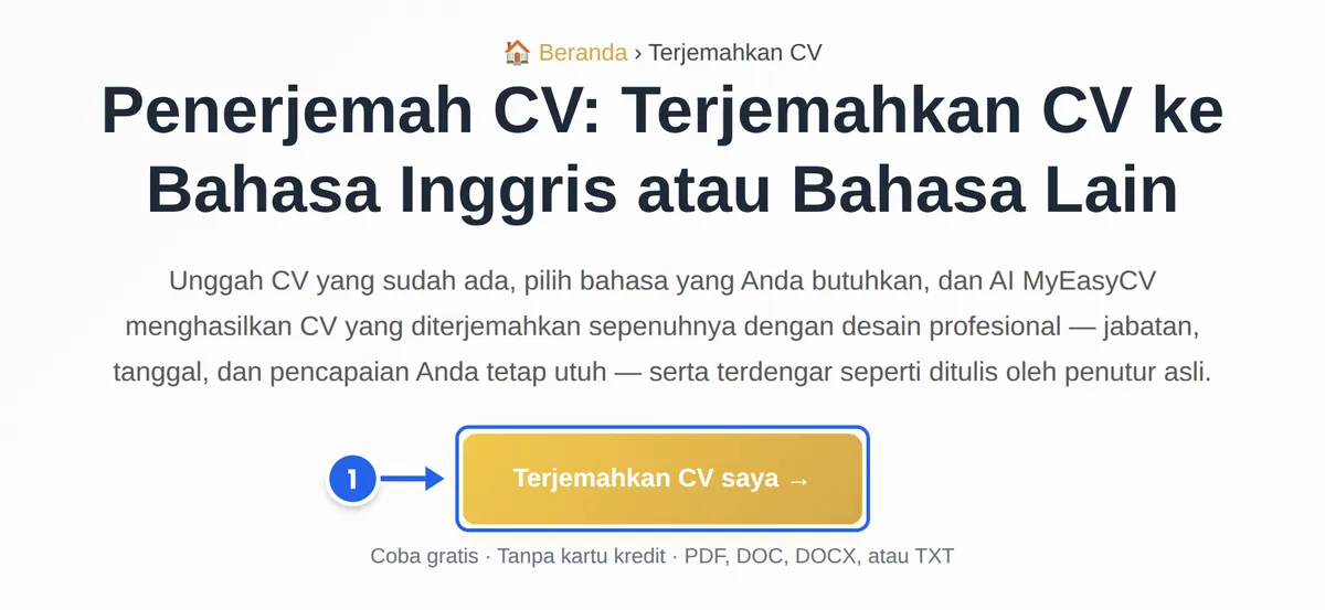 Halaman Terjemahkan CV di MyEasyCV; tombol Terjemahkan CV saya ditandai sebagai langkah 1
