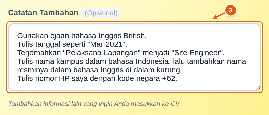 Kolom Catatan Tambahan berisi lima instruksi: ejaan British, format tanggal “Mar 2021”, terjemahan jabatan, nama kampus dalam bahasa Indonesia dan Inggris, serta kode negara +62
