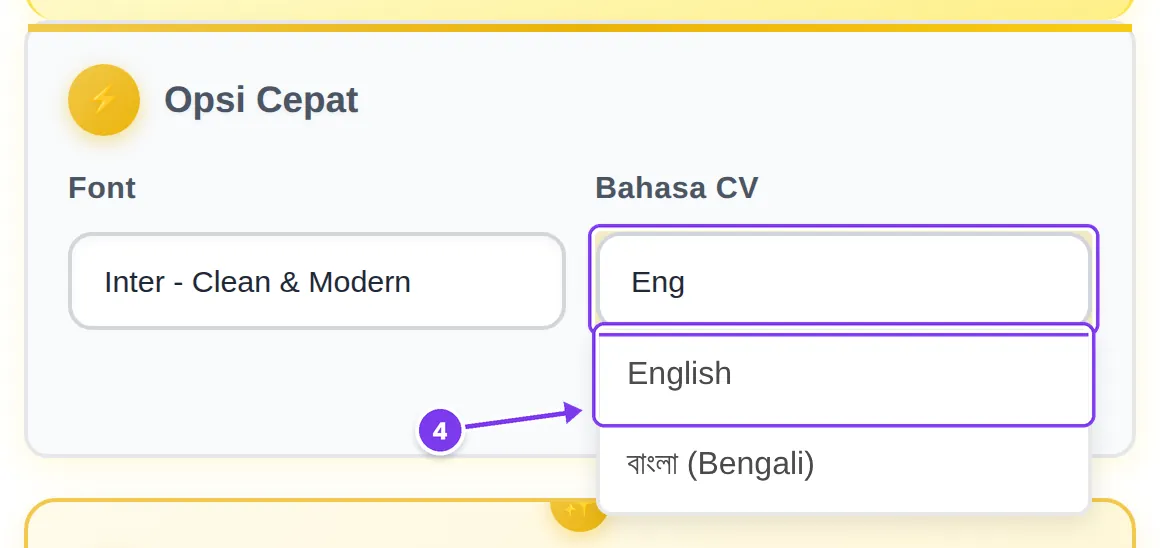 Kolom Bahasa CV berisi “Eng”, pilihan English berada paling atas di daftar yang tersaring; ditandai sebagai langkah 4