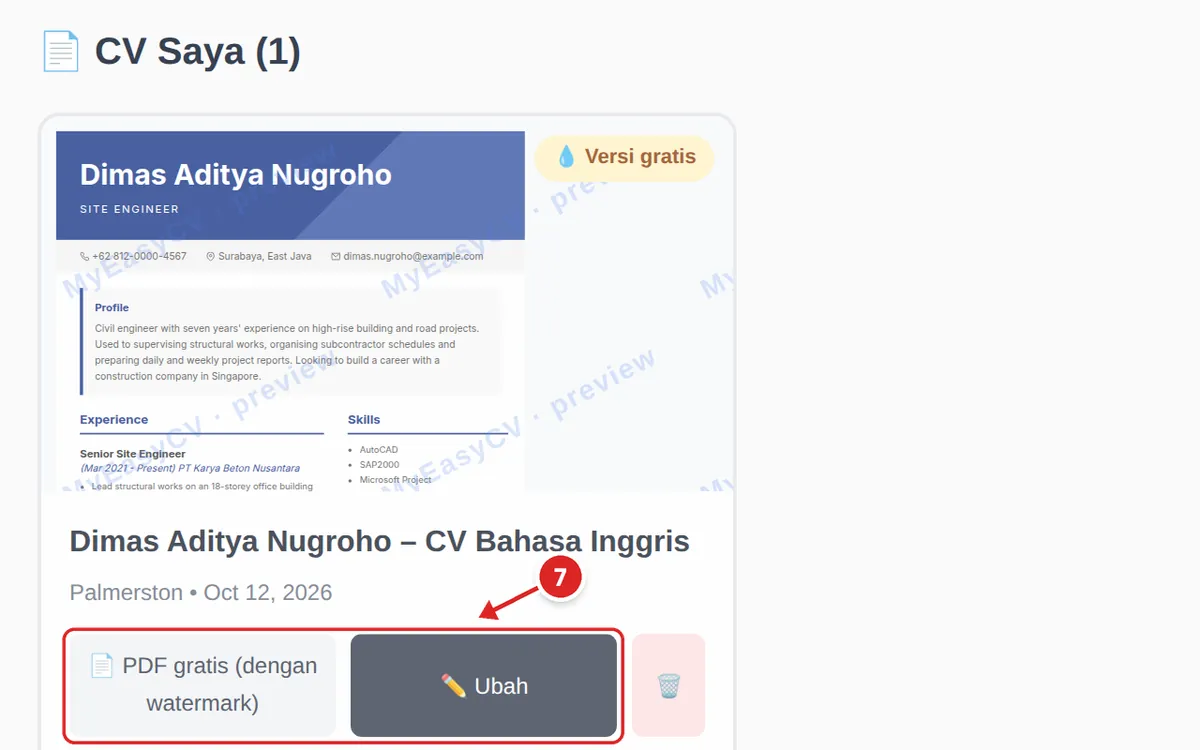 CV “Dimas Aditya Nugroho – CV Bahasa Inggris” tersimpan di dasbor; tombol PDF gratis (dengan watermark) dan Ubah ditandai sebagai langkah 7