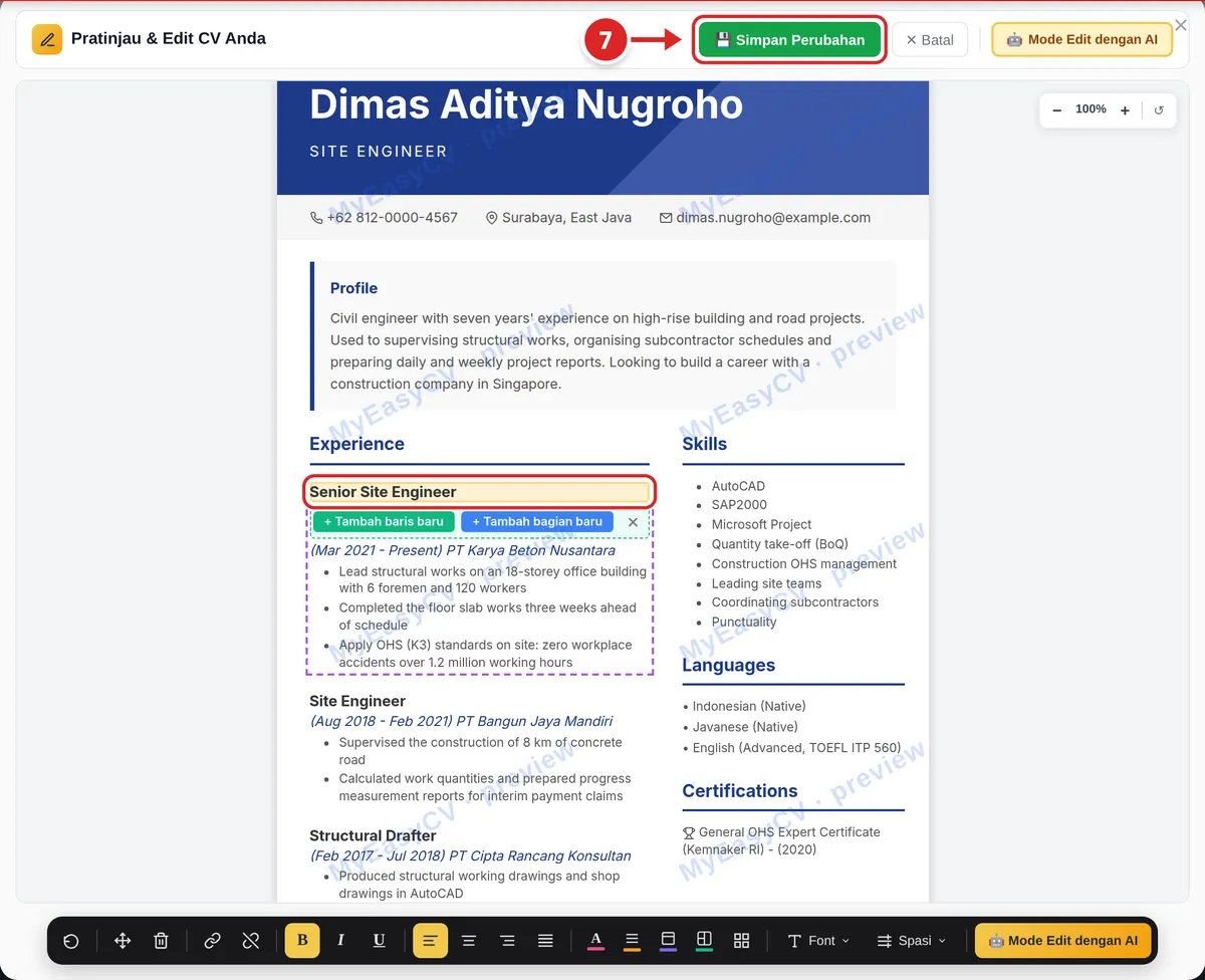 Jendela “Pratinjau & Edit CV Anda” di dasbor: tombol Simpan Perubahan ditandai dan satu jabatan dipilih untuk diedit