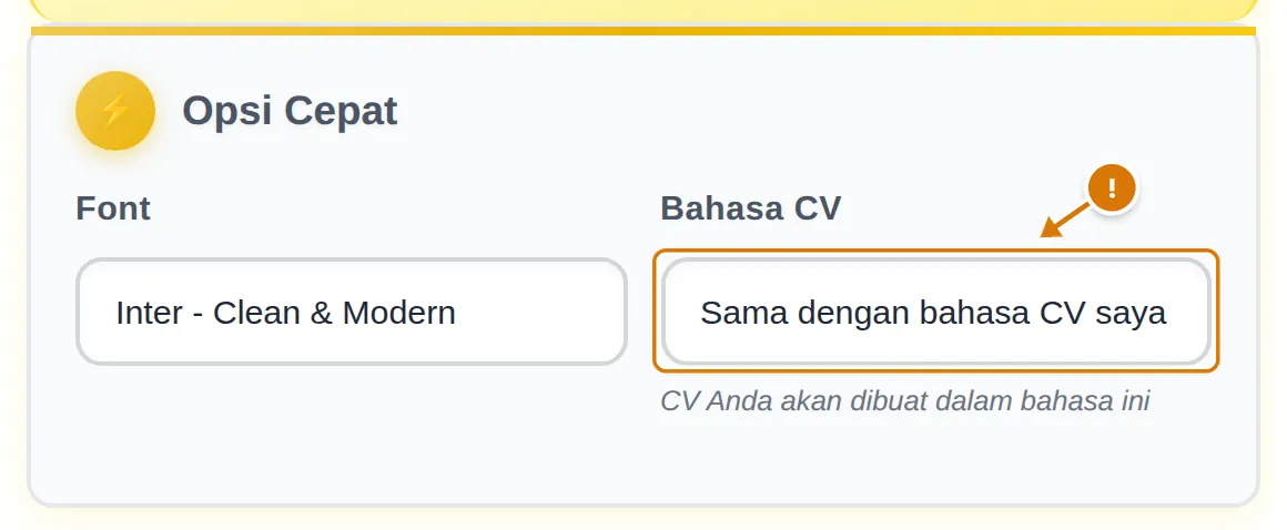 Kolom Bahasa CV dengan pilihan “Sama dengan bahasa CV saya”, diberi tanda peringatan
