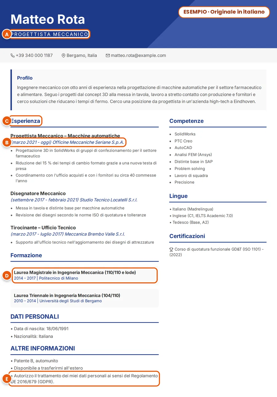 Esempio: CV inventato in italiano di Matteo Rota; ruolo, date, un titolo di sezione, la laurea magistrale e la frase sulla privacy segnati dalla A alla E