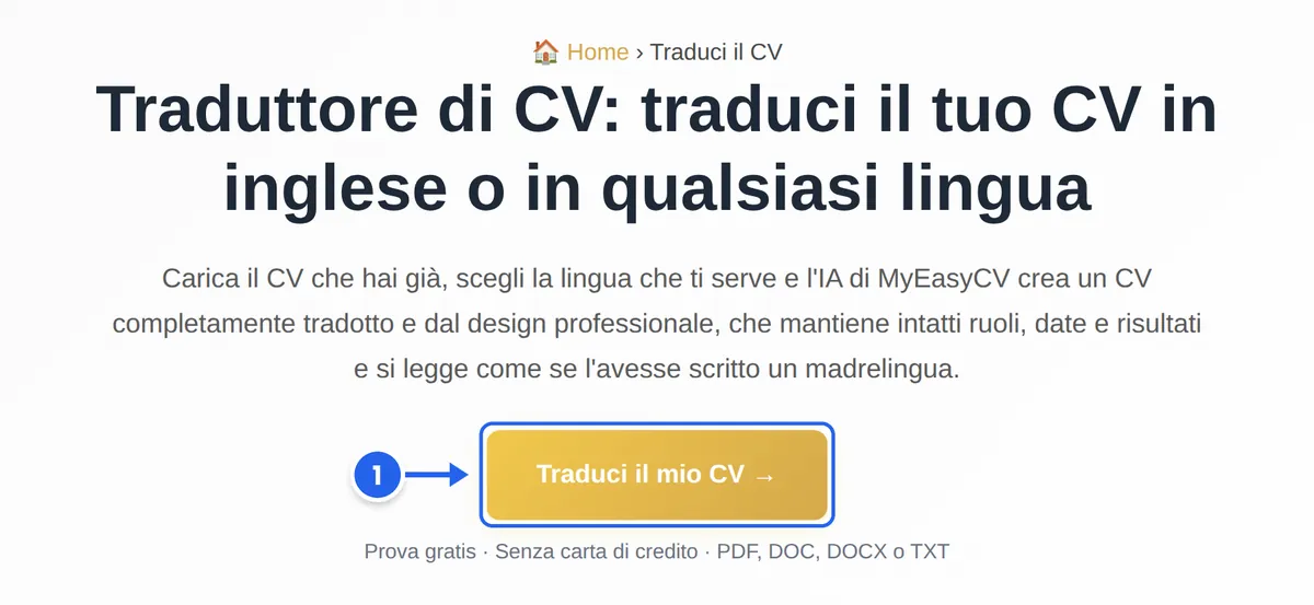 Pagina del traduttore di CV di MyEasyCV con il pulsante «Traduci il mio CV» segnato come passaggio 1