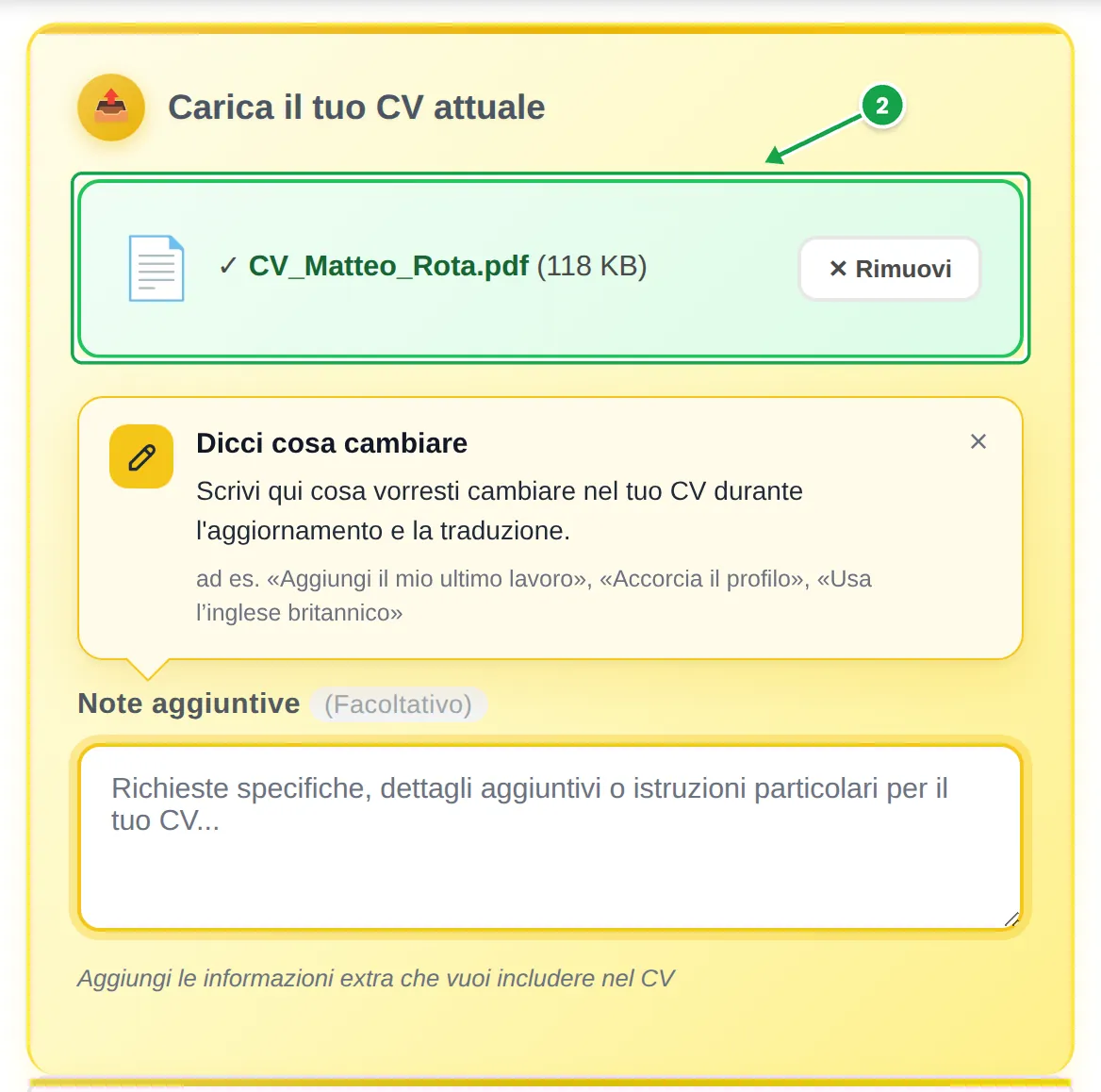 Sezione di caricamento di MyEasyCV: il file CV_Matteo_Rota.pdf allegato, segnato come passaggio 2, con la scheda «Dicci cosa cambiare» e il campo delle note vuoto sotto