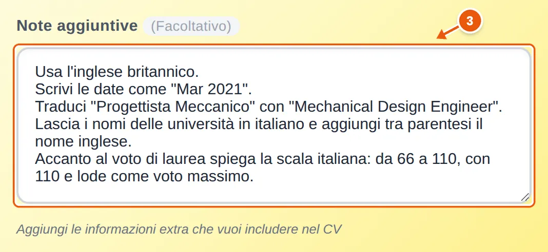 Campo Note aggiuntive con cinque indicazioni: inglese britannico, date come «Mar 2021», la traduzione del ruolo, i nomi delle università in italiano e la spiegazione del voto di laurea