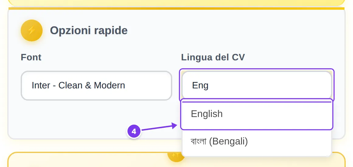 Campo Lingua del CV con «Eng» digitato e la voce English in cima all'elenco filtrato, segnato come passaggio 4