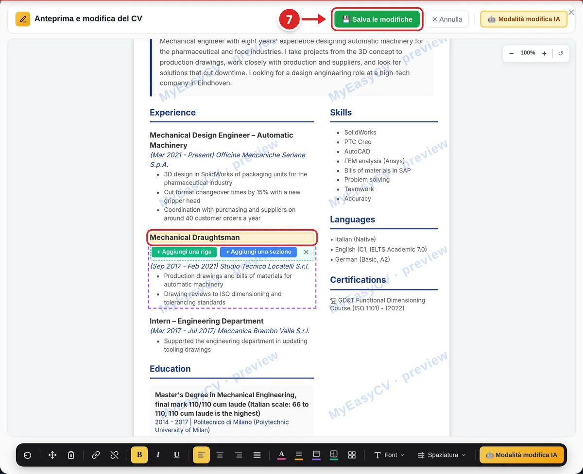 Finestra «Anteprima e modifica del CV» dell'area personale: Salva le modifiche segnato e il titolo di un'esperienza selezionato per la modifica