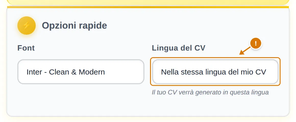 Campo Lingua del CV con «Nella stessa lingua del mio CV» selezionato, con un segnale di attenzione