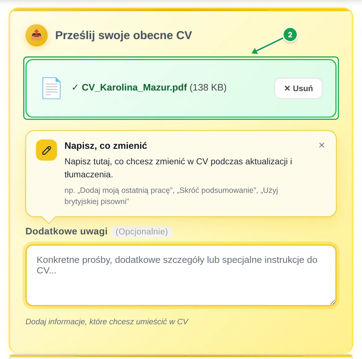 Sekcja Prześlij swoje obecne CV w kreatorze MyEasyCV: dołączony plik CV_Karolina_Mazur.pdf oznaczony jako krok 2, pod nim karta „Napisz, co zmienić” i puste pole Dodatkowe uwagi
