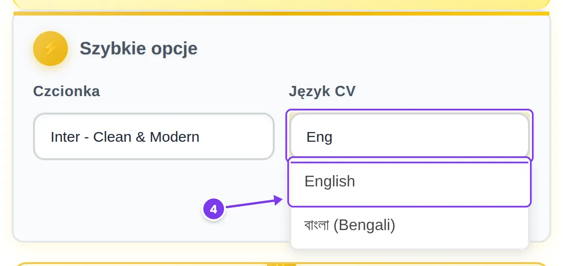 W polu Język CV wpisano „Eng”, na górze przefiltrowanej listy jest English; oznaczone jako krok 4