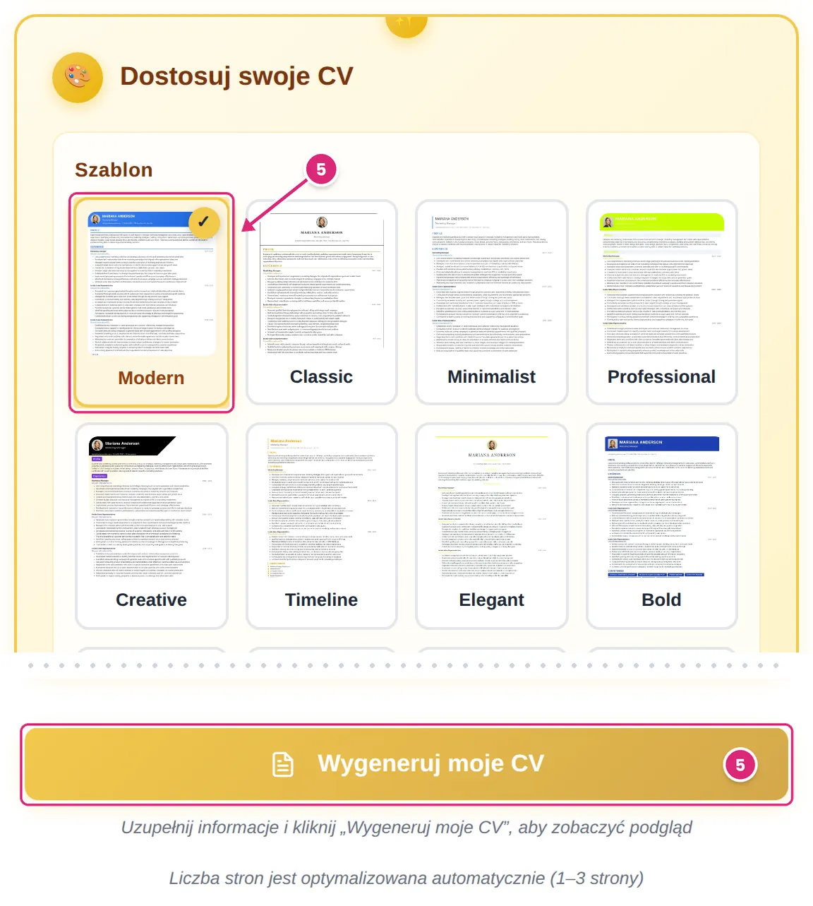 Siatka szablonów z wybranym szablonem Modern i przycisk Wygeneruj moje CV, oba oznaczone jako krok 5