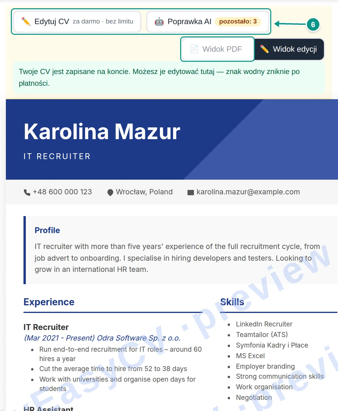 Podgląd CV przetłumaczonego na angielski ze znakiem wodnym; przyciski Edytuj CV, Poprawka AI i Widok PDF oznaczone jako krok 6