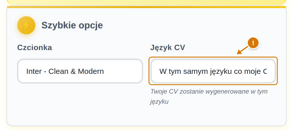 Pole Język CV z ustawioną opcją „W tym samym języku co moje CV”, oznaczone znakiem ostrzeżenia