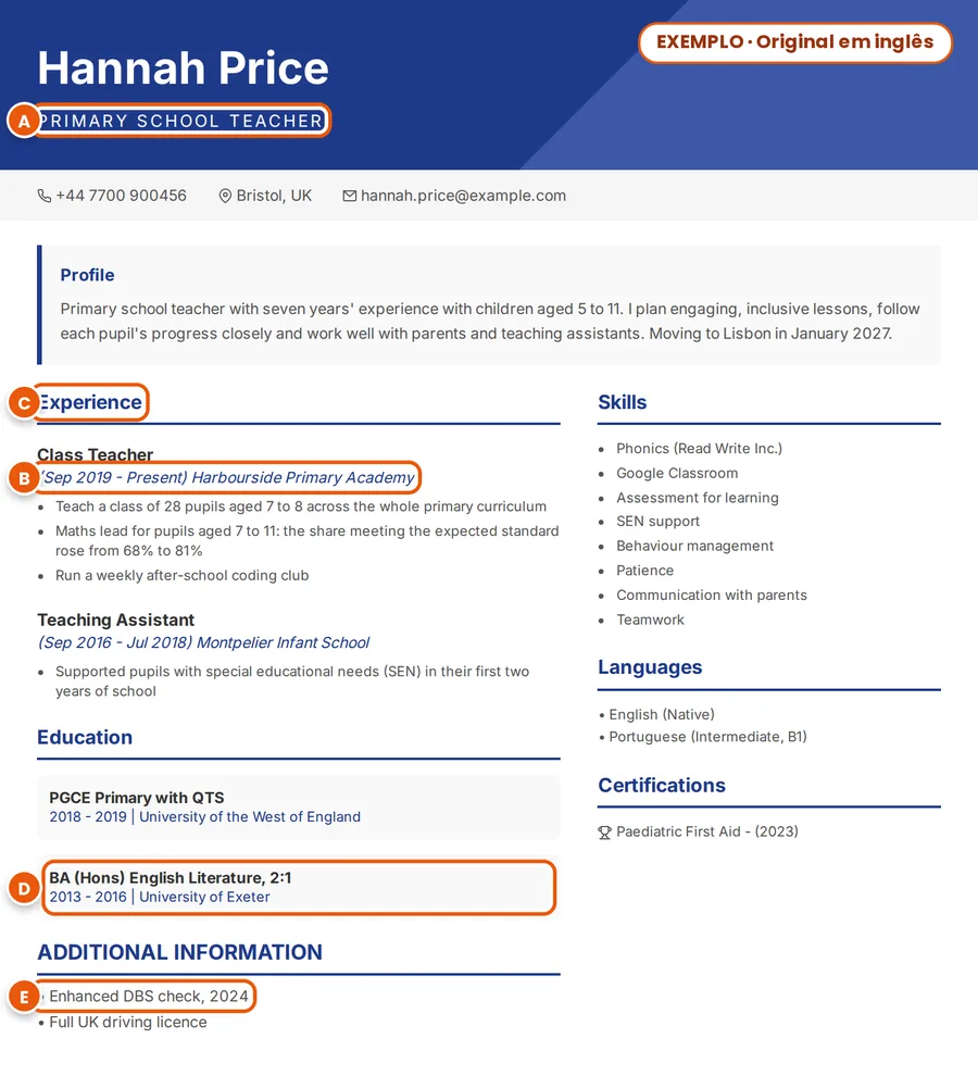 Exemplo: CV fictício em inglês de Hannah Price; cargo, datas, um título de secção, a licenciatura e o Enhanced DBS check assinalados de A a E
