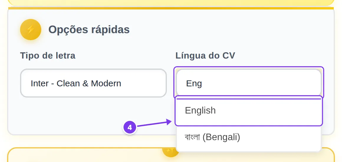 Campo Língua do CV com «Eng» escrito e a opção English no topo da lista filtrada, assinalado como passo 4