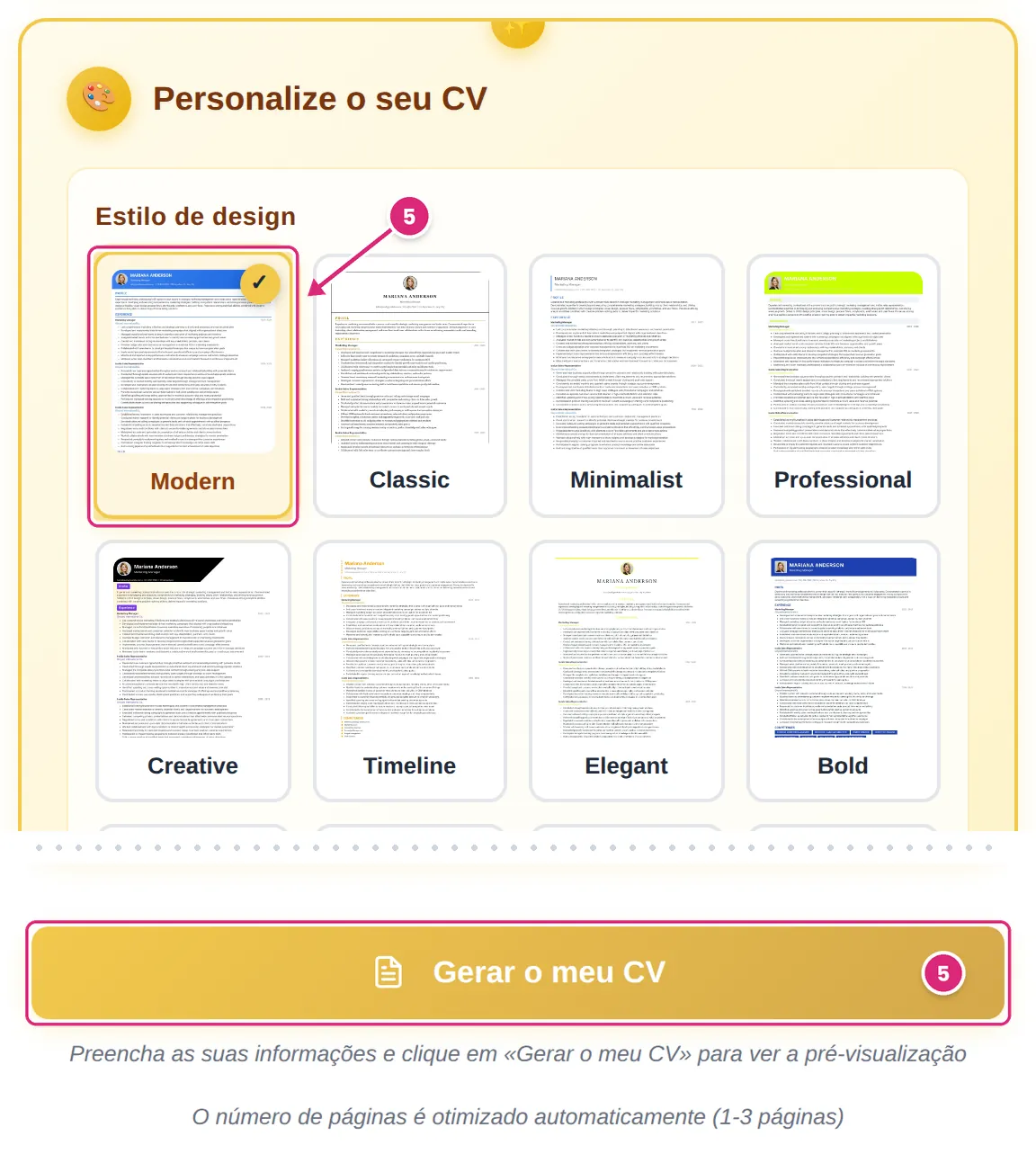 Grelha de modelos com o Modern selecionado e o botão Gerar o meu CV, ambos assinalados como passo 5