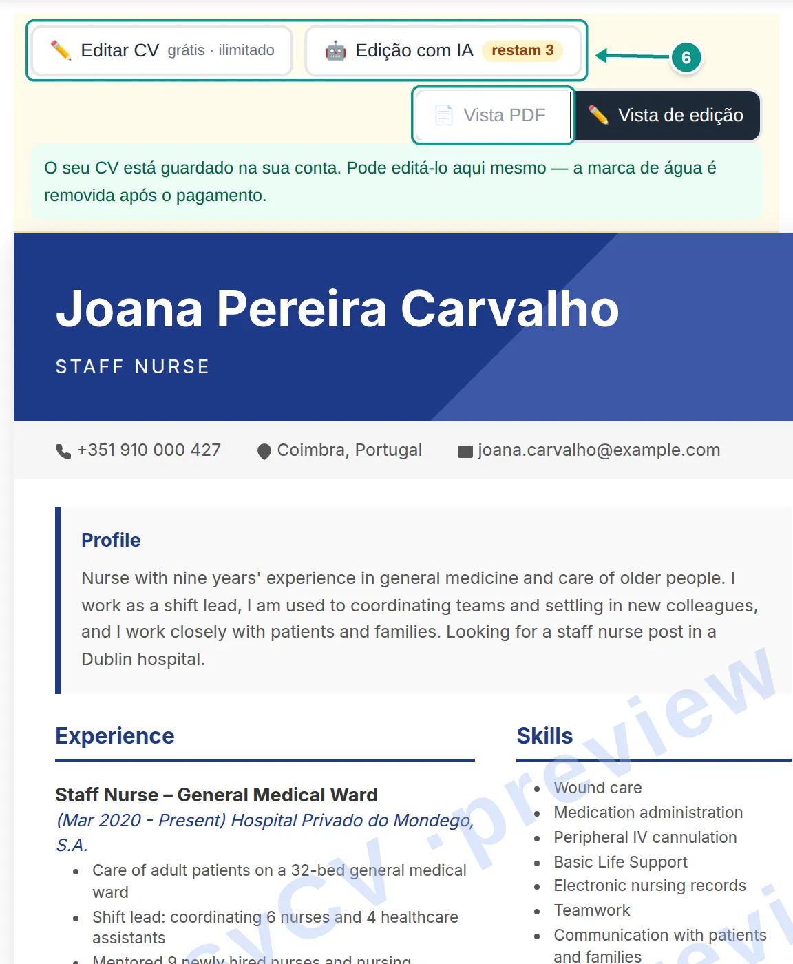 Pré-visualização do MyEasyCV com o CV traduzido para inglês e a marca de água; os botões Editar CV, Edição com IA e Vista PDF assinalados como passo 6