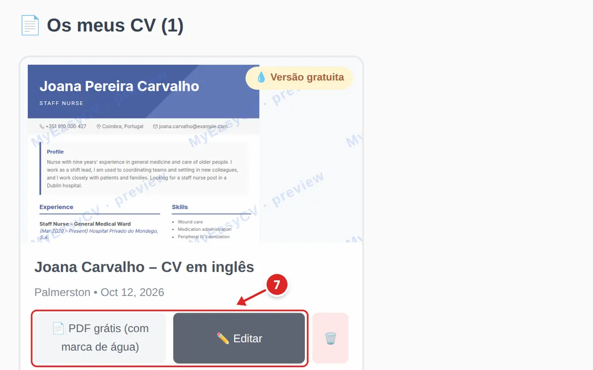 Painel com «Joana Carvalho – CV em inglês» guardado; os botões PDF grátis (com marca de água) e Editar assinalados como passo 7