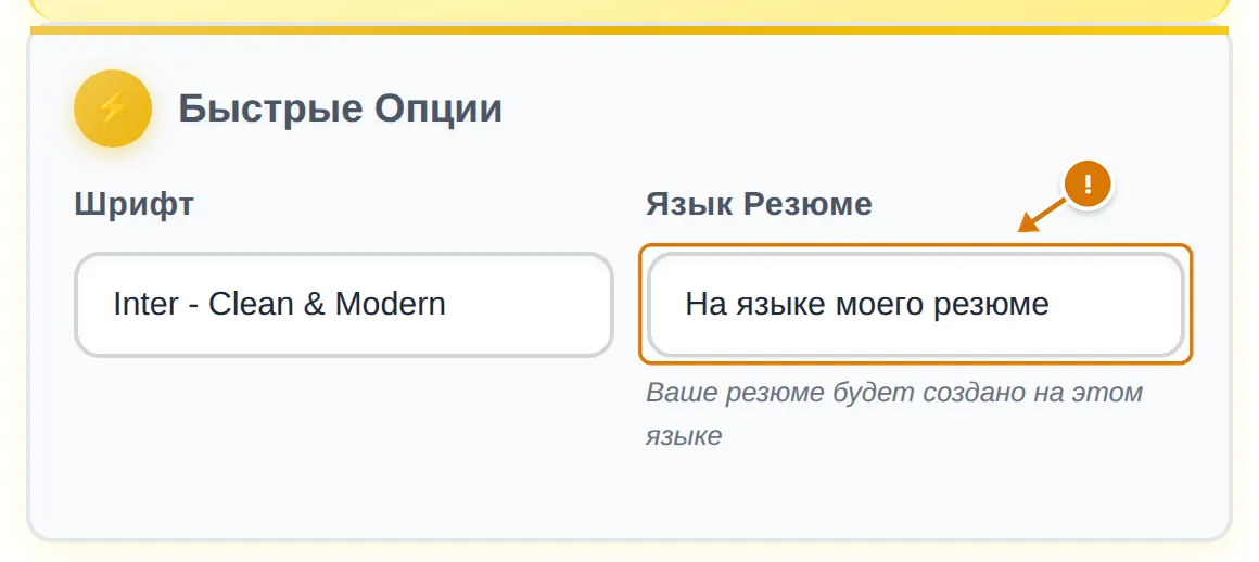 Поле «Язык резюме» со значением «На языке моего резюме», отмечено предупреждающим знаком