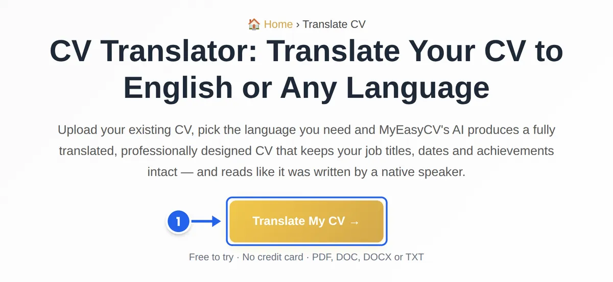 The MyEasyCV CV translator page with the Translate My CV button marked as step 1