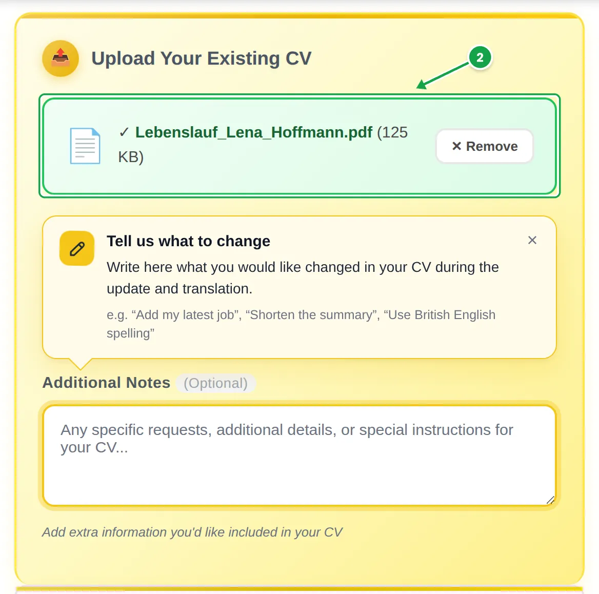 Upload section of the MyEasyCV builder with the attached file Lebenslauf_Lena_Hoffmann.pdf marked as step 2, the “Tell us what to change” hint and the empty Additional Notes field