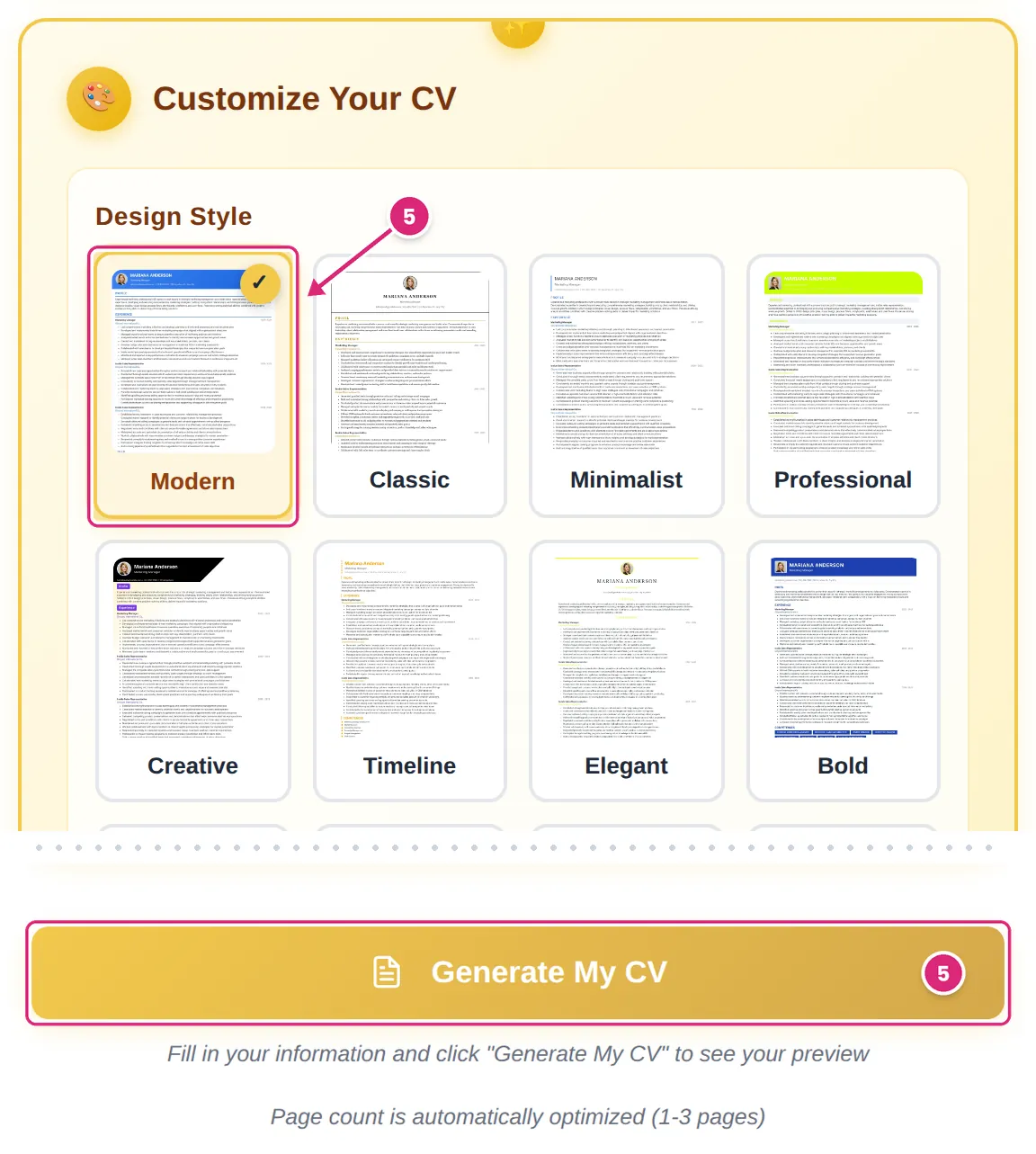 Design Style grid with the Modern design selected and the Generate My CV button, both marked as step 5