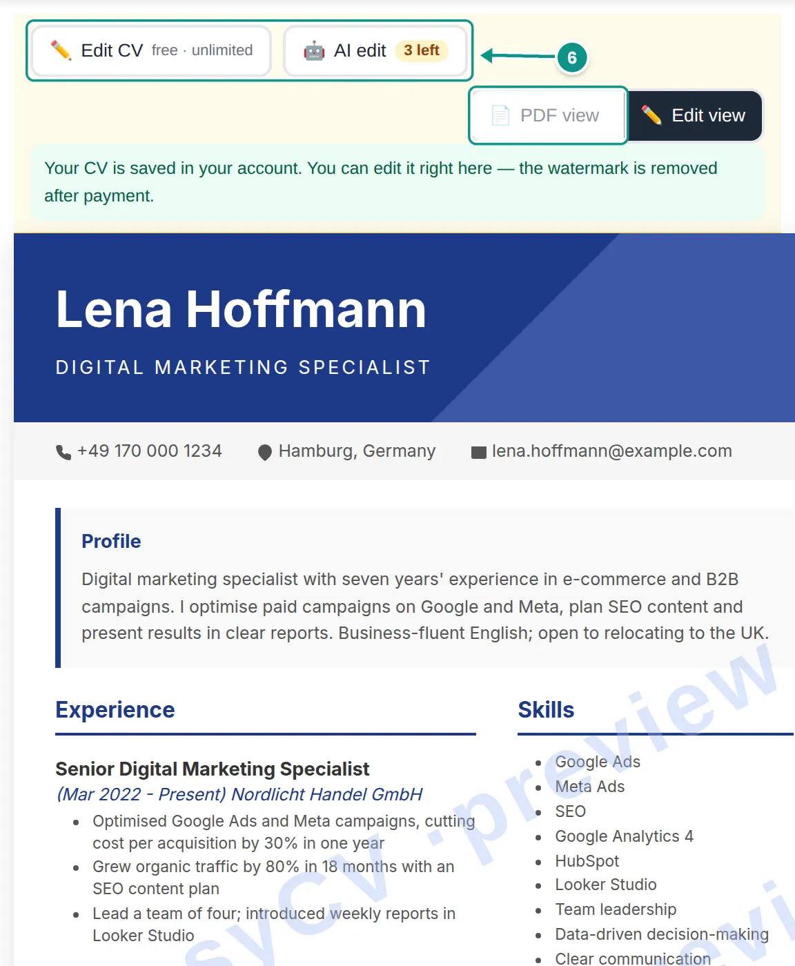 Translated English CV in the MyEasyCV preview with the watermark and the Edit CV, AI edit and PDF view buttons marked as step 6
