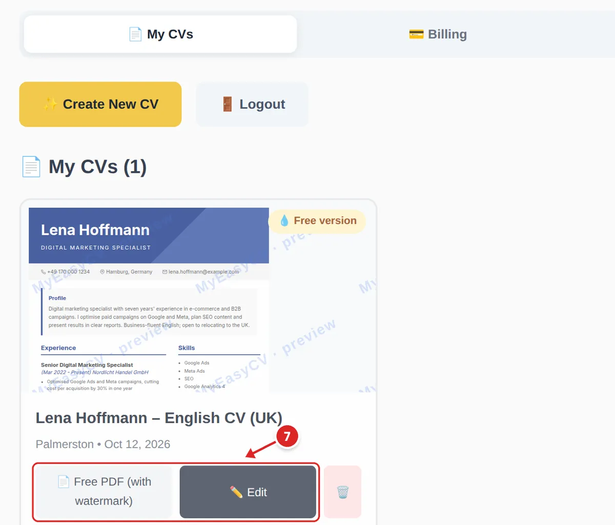 Dashboard with the saved CV “Lena Hoffmann – English CV (UK)” and the Free PDF and Edit buttons marked as step 7