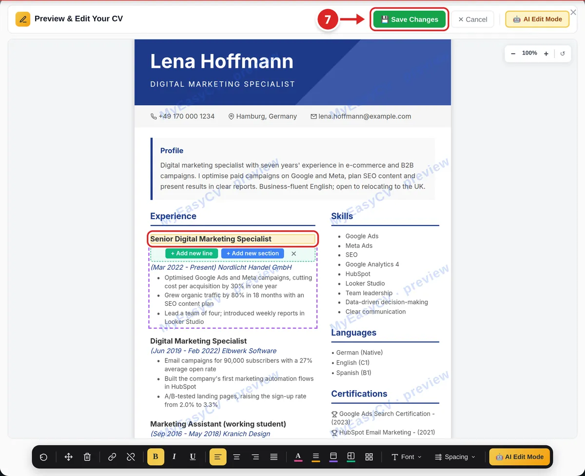 The Preview & Edit Your CV window in the dashboard, with Save Changes marked and a job title selected for editing