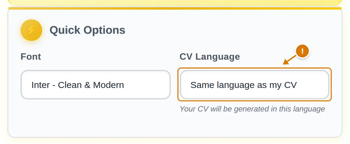 CV Language field set to “Same language as my CV”, marked with a warning sign
