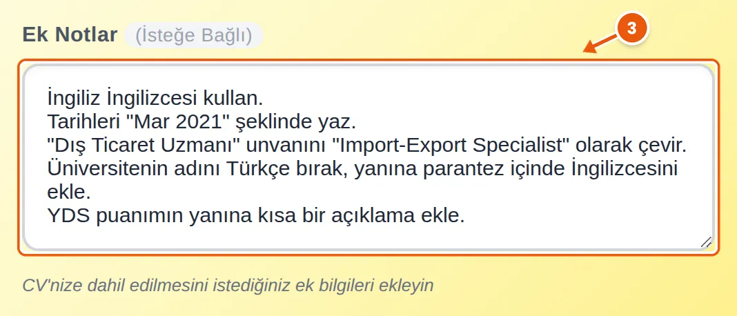 Beş talimatla doldurulmuş Ek Notlar alanı: İngiliz İngilizcesi, «Mar 2021» tarih biçimi, unvanın çevirisi, üniversite adının Türkçe kalması ve YDS açıklaması