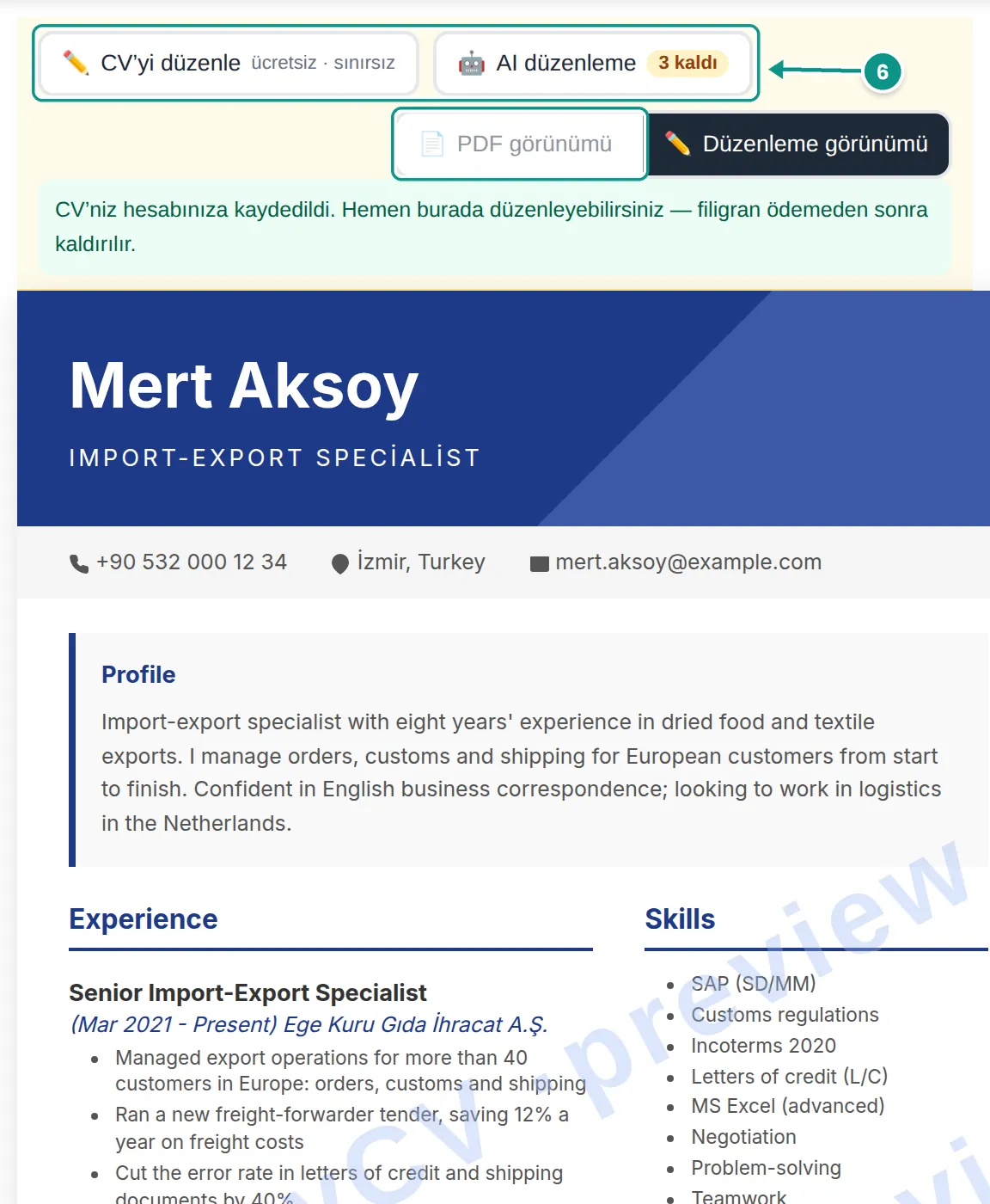 MyEasyCV önizlemesinde filigranlı, İngilizceye çevrilmiş CV; CV'yi düzenle, AI düzenleme ve PDF görünümü düğmeleri 6. adım olarak işaretli