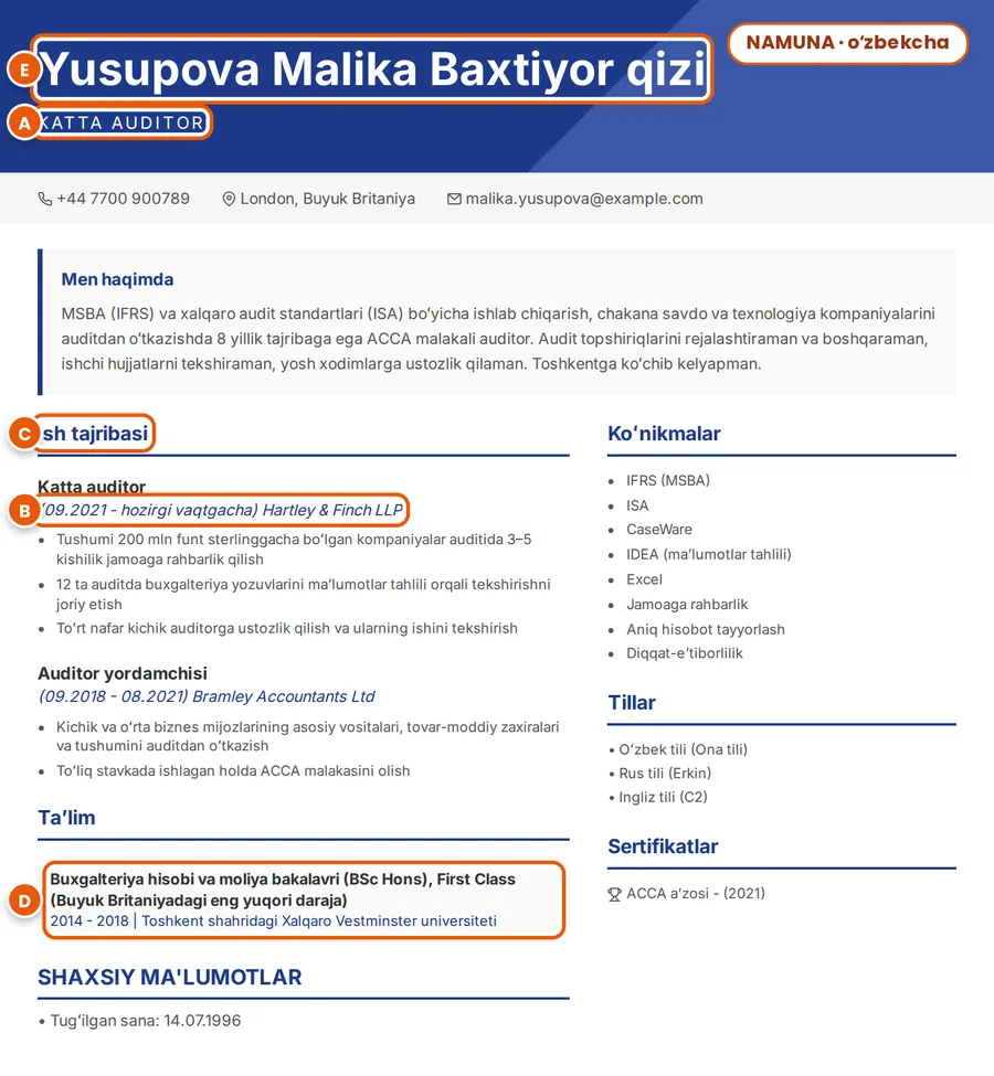 Namuna: oʻsha rezyume oʻzbekcha; toʻliq ism, lavozim, sanalar, boʻlim sarlavhasi va diplom A dan E gacha belgilangan