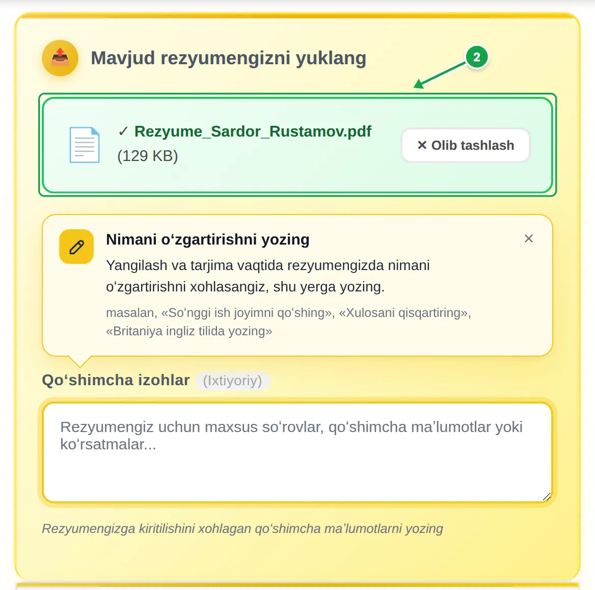 MyEasyCV konstruktoridagi yuklash boʻlimi: Rezyume_Sardor_Rustamov.pdf fayli biriktirilgan va 2-qadam sifatida belgilangan; ostida «Nimani oʻzgartirishni yozing» kartasi va boʻsh Qoʻshimcha izohlar maydoni