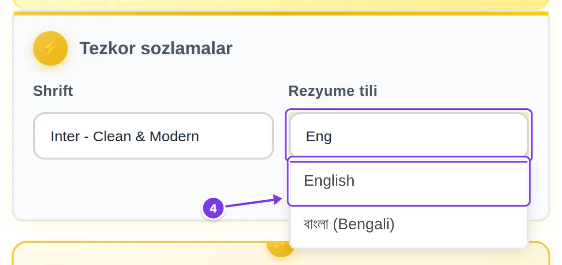 Rezyume tili maydoniga «Eng» yozilgan, English varianti saralangan roʻyxat boshida; 4-qadam sifatida belgilangan
