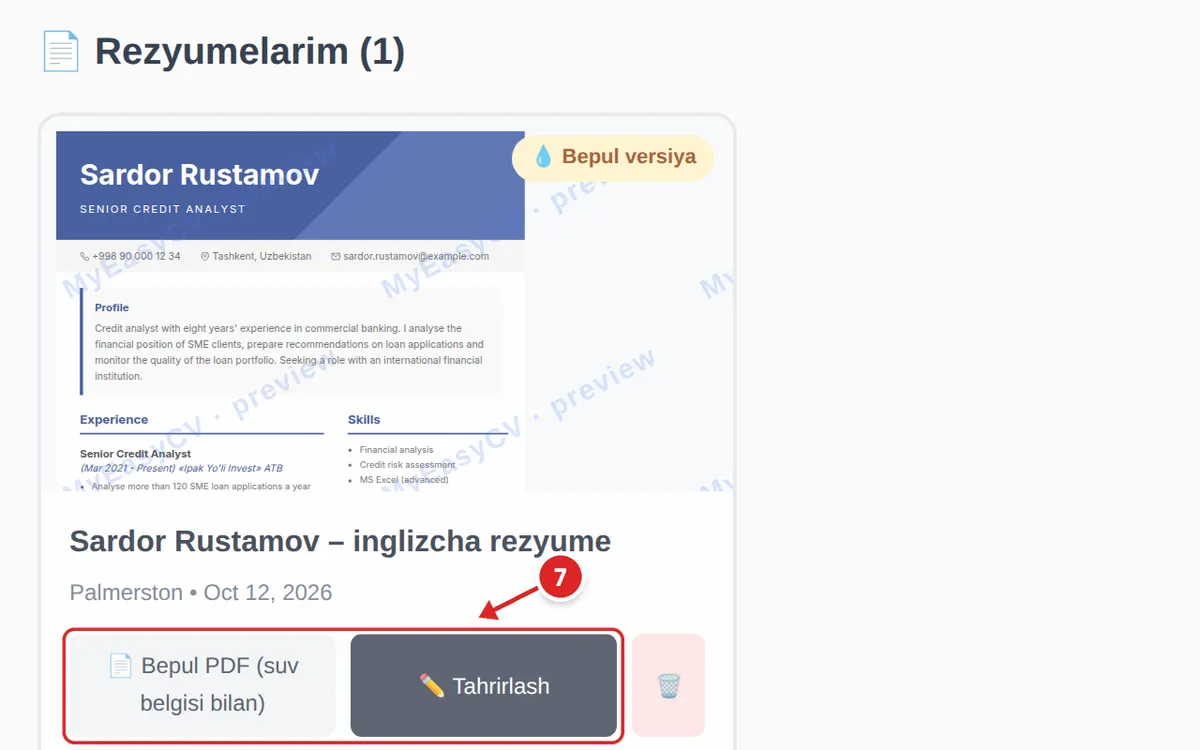 Shaxsiy kabinetda saqlangan «Sardor Rustamov – inglizcha rezyume»; Bepul PDF (suv belgisi bilan) va Tahrirlash tugmalari 7-qadam sifatida belgilangan