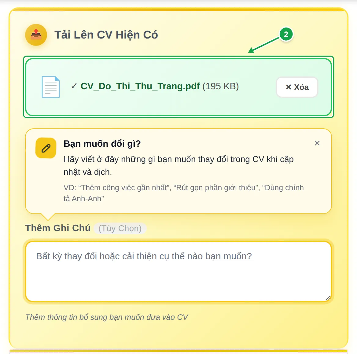 Phần tải lên của trình tạo CV MyEasyCV: file CV_Do_Thi_Thu_Trang.pdf đã đính kèm, được đánh dấu là bước 2; bên dưới là thẻ “Bạn muốn đổi gì?” và ô Thêm Ghi Chú còn trống