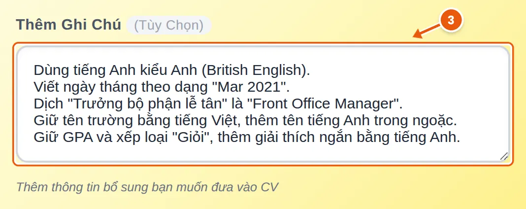 Ô Thêm Ghi Chú với năm yêu cầu: tiếng Anh kiểu Anh, ngày tháng dạng “Mar 2021”, cách dịch chức danh, giữ tên trường bằng tiếng Việt và giải thích xếp loại “Giỏi”
