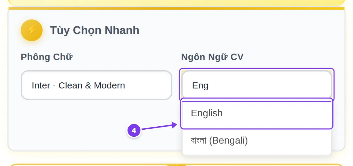 Ô Ngôn Ngữ CV đã gõ “Eng”, lựa chọn English nằm đầu danh sách đã lọc; được đánh dấu là bước 4