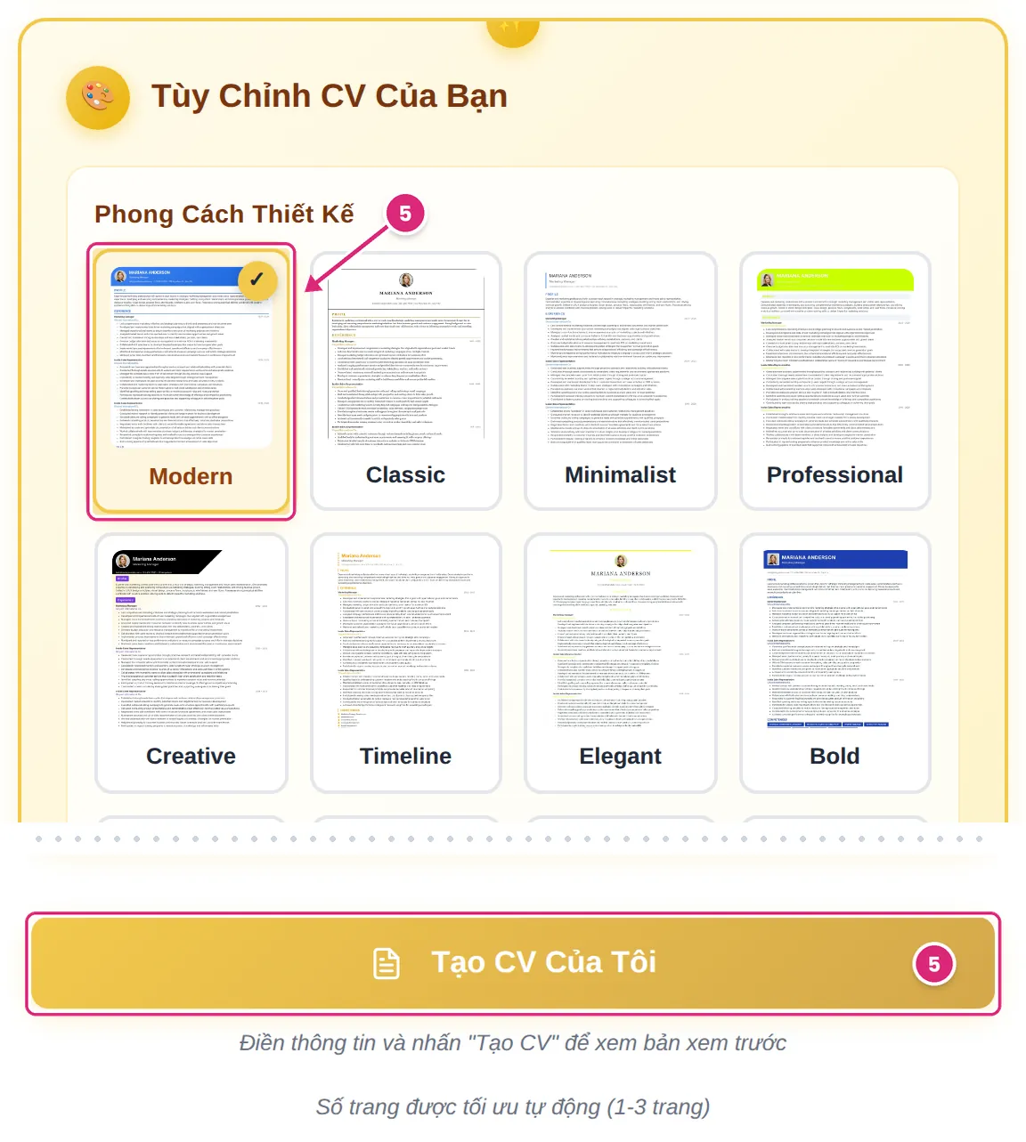 Lưới thiết kế với mẫu Modern đang được chọn và nút Tạo CV Của Tôi; cả hai được đánh dấu là bước 5