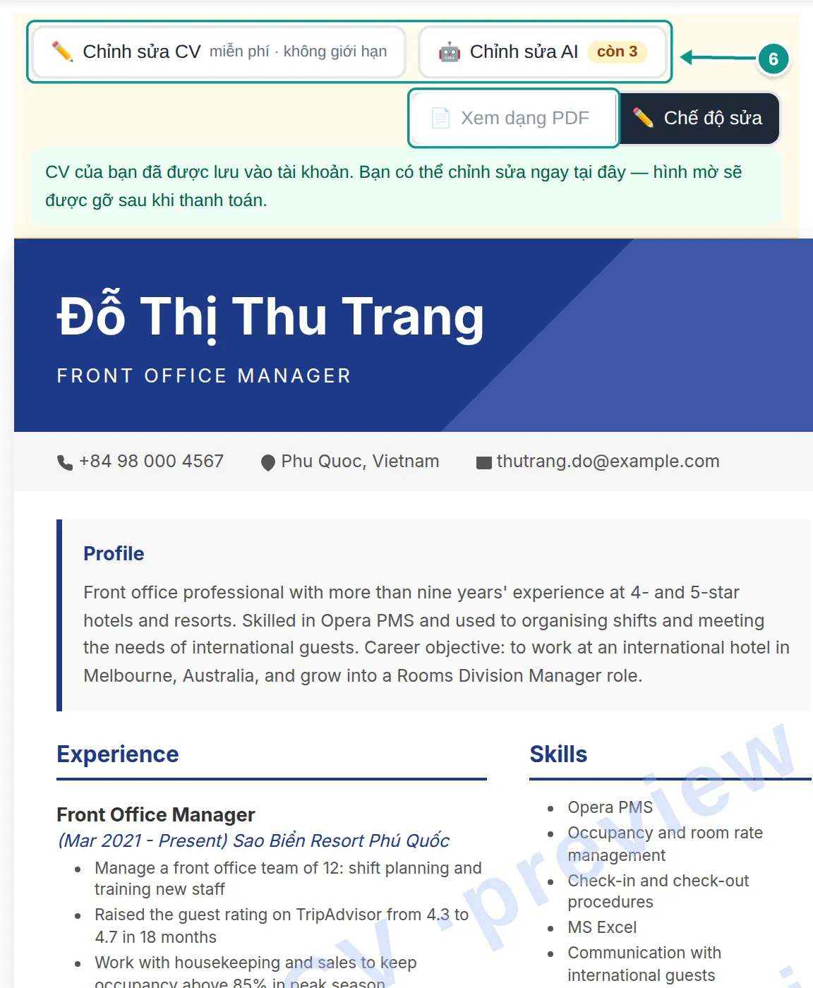 CV đã dịch sang tiếng Anh trong bản xem trước MyEasyCV, có hình mờ; các nút Chỉnh sửa CV, Chỉnh sửa AI và Xem dạng PDF được đánh dấu là bước 6