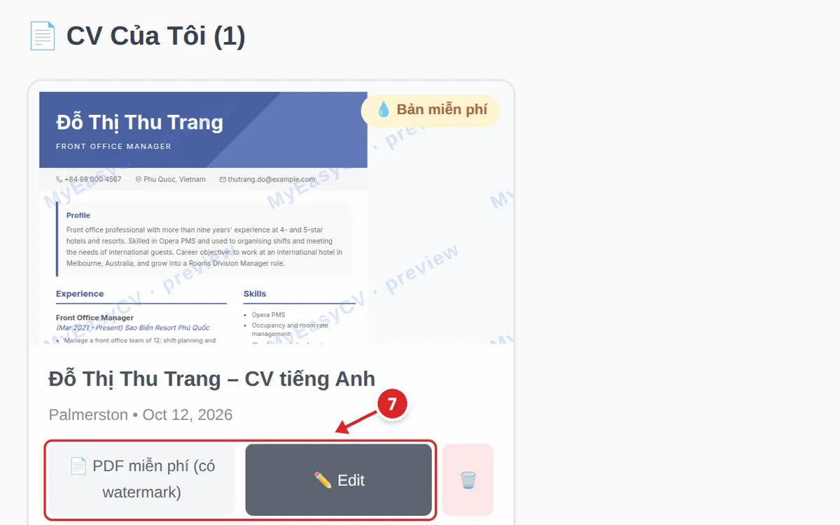 CV “Đỗ Thị Thu Trang – CV tiếng Anh” đã lưu trong bảng điều khiển; nút PDF miễn phí (có watermark) và nút Edit được đánh dấu là bước 7