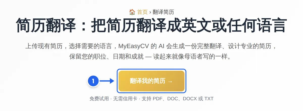 MyEasyCV 简历翻译页面,“翻译我的简历”按钮标为第 1 步