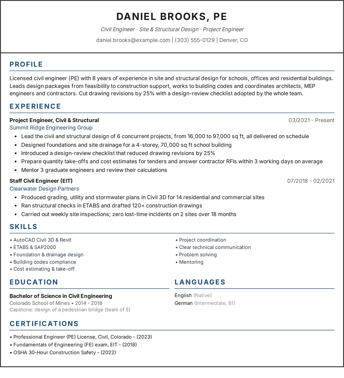 Engineer resume example: one-page CV of a civil engineer with project results in a single-column design
