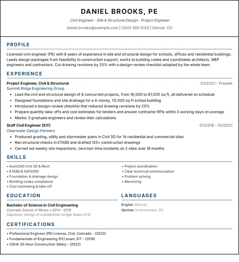 Engineer resume example: one-page CV of a civil engineer with project results in a single-column design