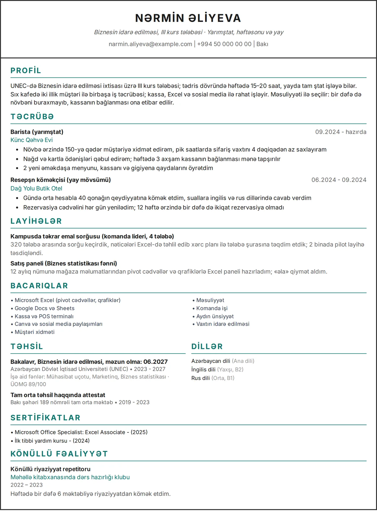 Tələbə CV nümunəsi: tək sütunlu dizaynda yarımştat işləri və layihələri olan universitet tələbəsinin bir səhifəlik CV-si
