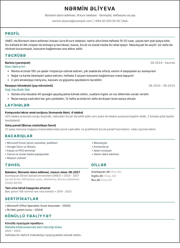 Tələbə CV nümunəsi: tək sütunlu dizaynda yarımştat işləri və layihələri olan universitet tələbəsinin bir səhifəlik CV-si
